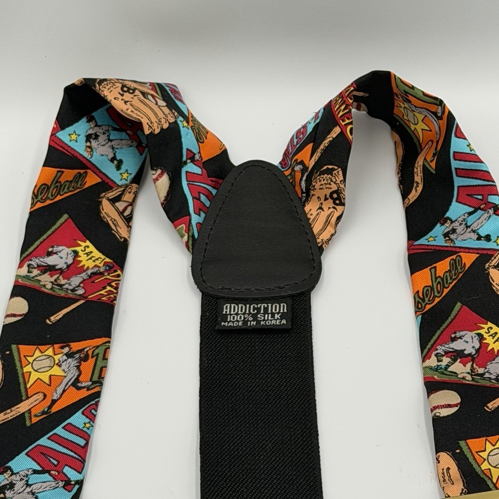 Vintage Addiction Suspenders Baseball Theme 100% Silk Made In Korea - Picture 5 of 6